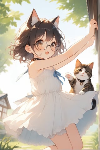 beautiful details, uniform 8K wallpaper, high resolution, exquisite texture in every detail,  beautiful illustration,manga touch

1girl, (((very young girl))), shyness,
summer, japanese countryside, in lakeside,
white Summer-like camisole dress , blue line ribbon, lots of lace,

((nekomimi)),Cat ears the same color as her hair,
short hair, open mouth, (glasses), round eyes, cat collar, , black hair, smile, :3,

in the park, play with cats,
frying,  jumping, fluttering in the wind,

shot angle is slightly tilted, adding dynamic movement to the shot, shot from side and below,
looking at cats, arms up, arm in cat, hand on cat, 
dynamic action,

nekomimimeganekao,Deformed