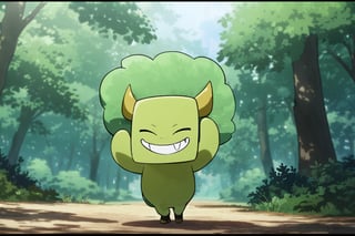 (((onsokumaru))),    in the forest, 

solo, smile, standing, full body, closed eyes, outdoors, day, grin, tree, pokemon \(creature\), no humans, letterboxed, boxed, boxy, nature, forest, bush,  green deer horns,