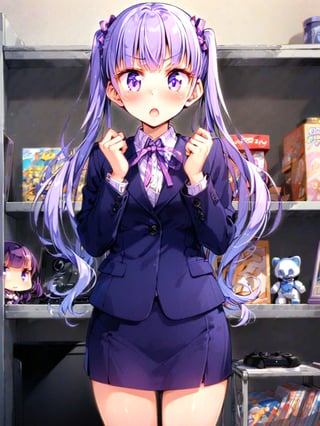 (masterpiece), suzukazek aoba, 1girl, long hair, twintails, purple hiar, purple eyes, hair ornament,

 looking at viewer, blush, V-sharped eyebrows, :o, 

 formal,  jaket, skirt suit , neck ribbon, 

standing, standing straight, make clenched hands in front of own slightly below the throat,

in the collection room, display shelves, fancy items, home game consoles, game pads, puzzles, toys, fancy toys, stuffed toys, anime character figures,

shot from front , cowboy shot,

suzukaze aoba,
