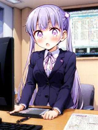 8k, ultra detailed, 
suzukaze aoba, 1girl, long hair, twintails, purple hiar, purple eyes, hair ornament,

 looking at viewer, blush, V-sharped eyebrows, :o, 

 formal,  jaket, skirt suit , neck ribbon, 

sit on chair,

A box of sweets is on own lap, pick it up and eat stick chocorate with own fingers,

in the office,
Partitioned work desk behind, 

Pen holder, pen tablet, monitor, paper, pasted notes, thick book, casual pc chair, anime character figure,

shot from front , cowboy shot,

suzukaze aoba,