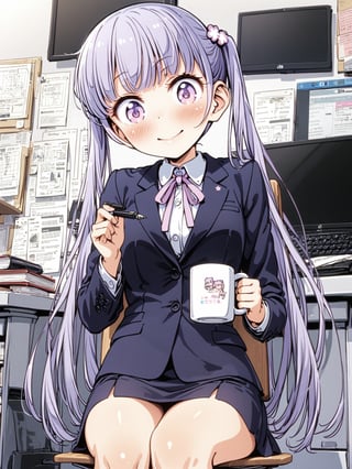 8k, ultra detailed, 
suzukaze aoba, 1girl, long hair, twintails, purple hiar, purple eyes, hair ornament,

blush, smile, :), 

 formal, dark blue jaket, dark blue skirt suit , neck ribbon, shirt,

sit on chair,

hands holding mug,

in the office,
Partitioned work desk behind, 

Pen holder, pen tablet, monitor, paper, pasted notes, thick book, casual pc chair, anime character figure,

looking at viewer, 
shot from front and below, cowboy shot, 

suzukaze aoba,