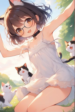 beautiful details, uniform 8K wallpaper, high resolution, exquisite texture in every detail,  beautiful illustration,manga touch

1girl, (((very young girl))), shyness,
summer, japanese countryside, in lakeside,
white Summer-like camisole dress , blue line ribbon, lots of lace,

((nekomimi)),Cat ears the same color as her hair,
short hair, open mouth, (glasses), round eyes, cat collar, , black hair, smile, :3,

in the park, play with cats,
frying,  jumping, fluttering in the wind,

shot angle is slightly tilted, adding dynamic movement to the shot, shot from side and below,
looking at cats, arms up, arm in cat, hand on cat, 


nekomimimeganekao