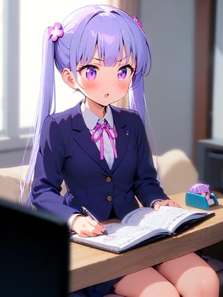 8k, ultra detailed, 
suzukaze aoba, 1girl, long hair, twintails, purple hiar, purple eyes, hair ornament,

 looking at another, blush, V-shaped eyebrows, :o, 

 formal, dark blue jaket, dark blue skirt suit , neck ribbon, 

sit on bed,
M-shaped sitting,
in the bed room,

Pen holder, pen tablet, monitor, paper, pasted notes, thick book, casual pc chair, anime character figure,

shot from front , cowboy shot,

suzukaze aoba, no focus,