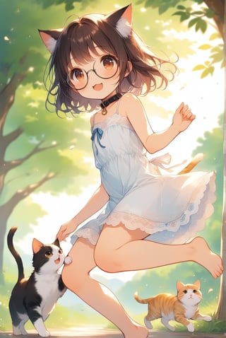 beautiful details, uniform 8K wallpaper, high resolution, exquisite texture in every detail,  beautiful illustration,manga touch

1girl, (((very young girl))), shyness,
summer, japanese countryside, in lakeside,
white Summer-like camisole dress , blue line ribbon, lots of lace,

((nekomimi)),Cat ears the same color as her hair,
short hair, open mouth, (glasses), round eyes, cat collar, , black hair, smile, :3,

in the park, play with cats,
frying,  jumping, fluttering in the wind,

shot angle is slightly tilted, adding dynamic movement to the shot, shot from side and below,
looking at cats, arms up, arm in cat, hand on cat, 
dynamic action,

nekomimimeganekao,Deformed