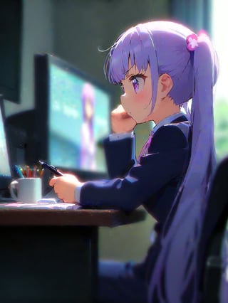 8k, ultra detailed, 
suzukaze aoba, 1girl, long hair, twintails, purple hiar, purple eyes, hair ornament,



formal,  dark blue jaket suit, dark blue skirt suit , neck ribbon, 

sit on chair,

looking at another, V-shaped eyebrows, close eyes, o3o,  look to monitor, monitor showing the game,
hand on pen,

in the office,
Partitioned work desk behind, 

Pen holder, pen tablet, monitor, paper, pasted notes, thick book, casual pc chair, anime character figure, mug, PET bottles,

shot from side and below
, cowboy shot,perfect focus,

suzukaze aoba,