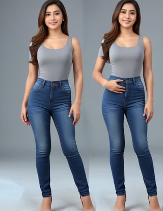 a girl like nora fatahi wear tight jeans cloths   dress  full  body dress on her full body and shoes in legs  standing pose and hands should be in back hand, single body make him more realistic. zoom out on her face near camera and giving pose.5x zoom on girl
elegent,four finger and 1 thumb in each hand
