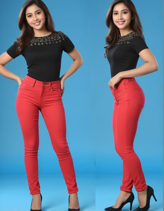 a girl like nora fatahi wear tight red jeans cloths   dress  full  body dress on her full body and shoes in legs  standing pose and hands should be in back hand, single body make him more realistic. zoom out on her face near camera and giving pose.5x zoom on girl
elegent,four finger and 1 thumb in each hand
