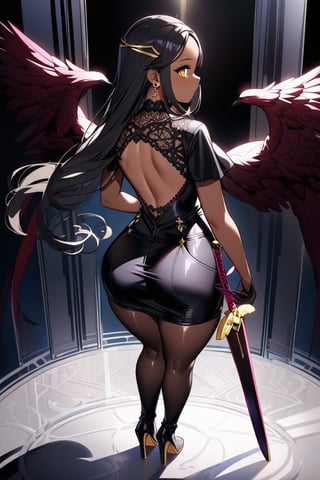 Full body shot of Lady Swan standing facing right. Framed against a dark, metallic backdrop, she exudes confidence with her piercing pink-tinged eyes aglow under the soft, golden light. Her short, jet-black hair with subtle gold highlights cascades down her back like a waterfall of night. Her dark skin tone glows warmly in the gentle illumination. Petite yet curvy, Lady Swan's figure is accentuated by her bold attire. The red feathers draped over her right shoulder add a pop of vibrancy to her black futuristic lacey top, which seems to shimmer in harmony with her sleek, high-heeled boots. A red and burgundy sword holster adorns her back, while her lacey stockings and matching black shirt create a sense of cohesion with her overall aesthetic.