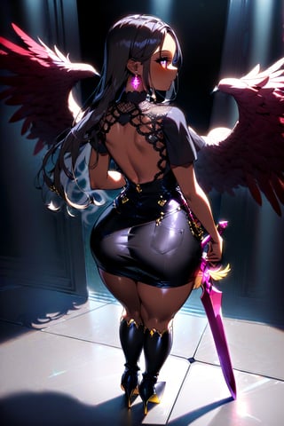 Full body shot of Lady Swan standing facing right. Framed against a dark, metallic backdrop, she exudes confidence with her piercing pink-tinged eyes aglow under the soft, golden light. Her short, jet-black hair with subtle gold highlights cascades down her back like a waterfall of night. Her dark skin tone glows warmly in the gentle illumination. Petite yet curvy, Lady Swan's figure is accentuated by her bold attire. The red feathers draped over her right shoulder add a pop of vibrancy to her black futuristic lacey top, which seems to shimmer in harmony with her sleek, high-heeled boots. A red and burgundy sword holster adorns her back, while her lacey stockings and matching black shirt create a sense of cohesion with her overall aesthetic.