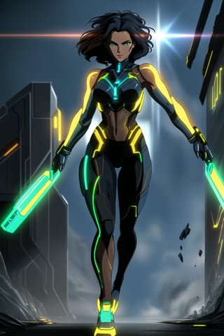 A dynamic full-body shot of Mae Leigh: a dark-skinned beauty with mesmerizing green eyes that seem to pierce through the chaos. Her jet-black hair cascades down her back, accented by warm brown highlights. Her smooth, brown skin glistens in the light as she wears a sleek battle suit in shades of gray, blue and yellow, adorned with yellow Tron-style lights coursing throughout the gear like electric veins. As she runs into the fray, her slim-fit physique and confident pose exude a sense of empowerment and determination, ready to take on whatever challenges come her way.,retrowavetech,dark skin,dark-skinned female,Futuristic