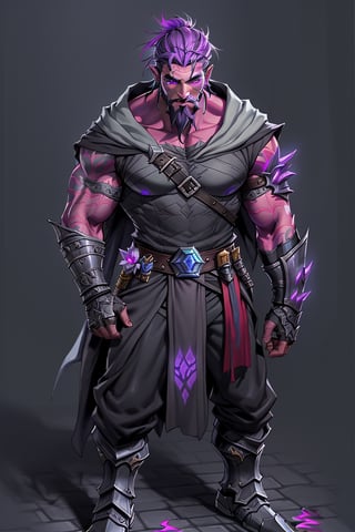 Bine is a Mystical powered red_skined man. He stands facing Left. He has a very faded all around hair-cut barely visible. his irises aglow purple the rest is black. he has a masculine face with beard stuble. ears pointy like an elf. He wears a one arm guard on his left arm with glowing engravings on it. He is slim but extremely fit. he wears a dark gray hooded cloak that just covers his shoulders exposing his well built frame. his belt matches his arm guard. his pant are sleek fit.  wearing armored shoes. glowing gold stone on the ground