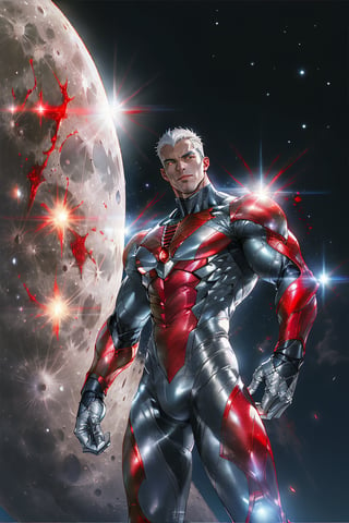 Echelon stands 6', his full-body shot exuding confidence as he floats amidst the moon's luminescent glow. His silver skin glistens like polished steel, paired with a close-shaved haircut. His piercing white eyes burn bright, focused on the starlight in his hand. A sleek, form-fitting suit encases him, featuring a gradient of red, dark blue, and silver chrome metal accents, with carbon fiber texture adding depth to the darker hues. As he levitates amidst the lunar atmosphere, the star's gentle power emanates from his outstretched palm.