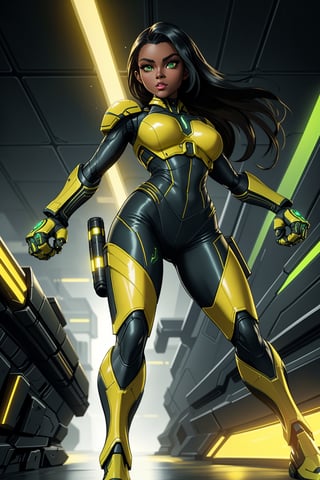 dark-skinned female,Crazy face full_body shot of Mae Leigh with beautiful glowing green eyes, Jet black hair with brown high-lites, smooth black female brown skin, slim_fit nice sexy body, wearing green and black sleek fitting mech style battle suit with yellow Tron syle light corsing trough out the gear, running into the frey, high_tech gloves on shows her fingers