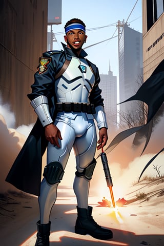 full_body,1boy, solo, short hair cut, looking at the viewer, laugh, teeth, brown hair,  wearing a tight blue battle suit, dressed as a urban fighter. . black jacket. rope,  standing at warzone, troopers, Sith, explosions, laser shots, earrings, brown eyes, lips, bow headband, lips, ribbon, realistic, parted lips, lips, ribbon, realistic, futuristic background, african_american super_hero