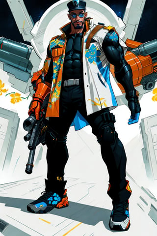 Jaeger's 5' 9" powerful stance faces right in a full-body shot. He sports a sleek orange battle suit under a flowing white futuristic trench coat adorned with vibrant blue and yellow floral designs. His close-shaved head, mustache, and stylish shades exude confidence. A skull cap and futuristic shoes complete his ensemble. The focal point is the massive space cannon strapped to his shoulder, held in place by a thick black strap. The dynamic composition and striking colors make for an eye-catching image.