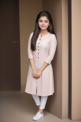 Lovely cute young attractive indian girl, 16 years old, cute long black_hair, black hair, They are wearing a pink , patterned black kurta and black salwar, sunglass , white shoes. village farm