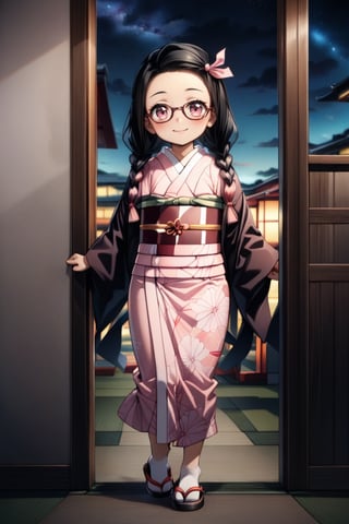 1 two-year-old girl, school uniform, sweet smile, photo to be shown to shoes, docile hair, stand, Wear glasses, double braids, kamado nezuko , pink eyes ,black hair, forehead, hair ribbon, japanese clothes, kimono, long hair, multicolored hair, pink kimono, pink ribbon, ribbon, smile, very long hair, night sky,EpicSky, front visual