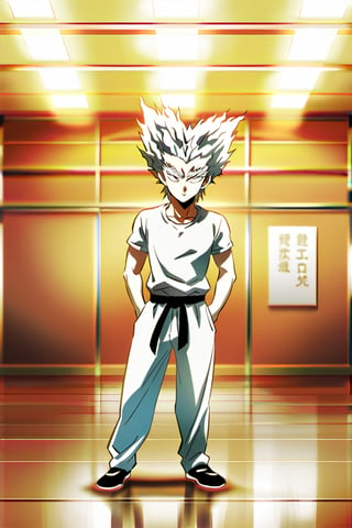 Very detailed. High Quality, Masterpiece, beautiful, (medium long shot), 1 child, Garou, from one punch man, standing with his hands in his pockets, (White hair, arrow-shaped and pointed, with a messy style, Face, expressive and with defined features, Eyes, sharp and light-colored, Clothing, Short-sleeved T-shirt fitted on top, Bottom, gym pants, Footwear, Running shoes, detailed background, in a martial arts dojo,