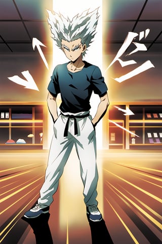 Very detailed. High Quality, Masterpiece, beautiful, (medium long shot), 1 child, Garou, from one punch man, standing with his hands in his pockets, (White hair, arrow-shaped and pointed, with a messy style, Face, expressive and with defined features, Eyes, sharp and light-colored, Clothing, Short-sleeved T-shirt fitted on top, Bottom, gym pants, Footwear, Running shoes, detailed background, in a martial arts dojo,silver hair