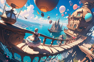 (wide-angle bird's-eye view)(airship)(An adorable pilot girl)(tea party)(above the sea)(magical balcony)
(Fantasy artwork)
Wide-angle bird's-eye view of a luxurious single-person airship with a rounded and cute design, hovering just above the sea. A magical flower-filled balcony is built atop the giant balloon. An adorable pilot girl is hosting a tea party, holding a teacup and looking at the viewer. Across from her sits a rabbit gentleman with his back to the scene. Colorful small balloons are tied to the airship. The sea below is a very clear, light blue with visible fish swimming. The water's surface reflects light beautifully. The scene combines Ghibli-style fantasy with a touch of realism, emphasizing detail and drawing inspiration from the movies 'Up' and 'Castle in the Sky'.