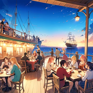 (table and coffee)(warm atmosphere)("One Piece" anime-related)(anime style)
Late 15th to early 16th century Sailboats.
In an anime style reminiscent of 'One Piece,' depict a large ship's deck where several adorable characters are enjoying coffee and playing musical instruments. The scene is shot from the side of the ship, revealing the beautiful sea and vast sky in the background. The atmosphere is filled with laughter and joy, capturing the lively coffee music party on board. small number of people. warm glow over this place. Emphasize the presence of coffee, but don't exaggerate.
