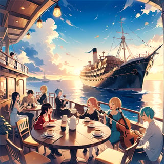 (table and coffee)(warm atmosphere)("One Piece" anime-related)(anime style)In an anime style reminiscent of 'One Piece,' depict a large ship's deck where several adorable characters are enjoying coffee and playing musical instruments. The scene is shot from the side of the ship, revealing the beautiful sea and vast sky in the background. The atmosphere is filled with laughter and joy, capturing the lively coffee music party on board.
