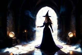 high quality, 8K Ultra HD, high detailed, Watercolor, wash technique, colorful, blurry, smudge outline, like a fairy tale.
(The Witch's Cottage)(Scene)Within the confines of an extraordinary chamber, an air of enchantment permeates the very atmosphere. 
A colossal floor-to-ceiling window, its frame crafted from polished moonstone, dominates one wall. The walls, adorned with intricate tapestries woven with threads of shimmering moonlight, seem to pulse with an otherworldly energy.
(A beautiful young witch)
From the depths of this ethereal gateway, a figure emerges, her presence radiating an aura of mystical power. A beautiful young witch in a gown of shimmering starlight, steps gracefully through the enchanted doorway. 

With a flick of her wrist, Meli conjures a cascade of shimmering orbs, their glow illuminating the room with an otherworldly radiance.
Meli, the sorceress of this enchanted realm, stands as a testament to the boundless power of imagination.
Resulting in a visually captivating juxtaposition, awesome full color, more detail XL.,scenery,more detail XL,InkyCapWitchyHat