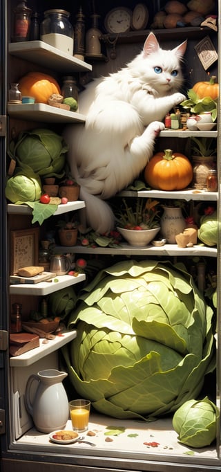 (a refrigerator door open)(fluffy, magical creatures )
Fantasy artwork with the refrigerator door open, its contents in disarray. Inside, two fluffy, magical creatures are present. One, wrapped in a cabbage leaf, looks at the viewer while shivering; the other stands next to a milk jug, making faces at its reflection in the glass.   The scene captures the whimsical and fantastical nature of this miniature world, with detailed and realistic depictions of the food items.,kawaii tech