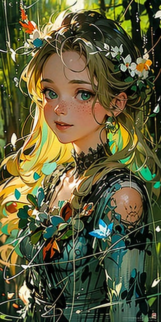 (concept art) 
Beautiful painting of an Irish girl with icy green eyes, and long wavy hair. beautiful smile, face blush, and freckles. nature-inspired, abstract Romantic Magical Atmosphere. scenery, CuteStyle, bright and harmonious background.
in the style of Nicola Samori.  (by james jean $,  roby dwi antono $,  ross tran $. francis bacon $,  michal mraz $,  adrian ghenie $,  petra cortright $,  gerhard richter $,  takato yamamoto $,  ashley wood $),post-Impressionist,perfect light,FFIXBG,fancy light