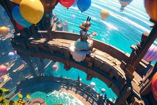 Fantasy artwork, wide-angle bird's-eye view of a small, round, and cute balloon airship hovering just above the sea. The airship features a magical flower-filled balcony with an adorable pilot girl hosting a tea party. She holds a teacup and looks at the viewer; opposite her sits a rabbit gentleman with his back to the scene. Colorful small balloons are tied to the airship. The sea below is an obvious, light blue with visible fish swimming. The water's surface reflects light beautifully. The scene is inspired by Ghibli fantasy but rendered in a more realistic, 3D cartoon style.