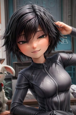GoGo Tomago, black sportswear, low angle shot, with a mocking smile of superiority, with a weight in his hand, with a muscular, sexy body