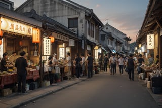 street,a real photo, japanese_architecture, building, (shophouse), aerial photography, cityscape, scenery, Southeast Asia, local lown, Penang, modern, Chinese words, Chinese signs, historical, heritage, orange tiled roof, pedestrian arcade, man pedestrians,female pedestrians, men and women, children, narrow facade, long windows, people, crowd, street vendors, road, perfect proportions, perfect perspective, 8k, masterpiece, best quality, booth, high_resolution, high detail, photorealistic, nightmarket, sunset, twilight, Masterpiece