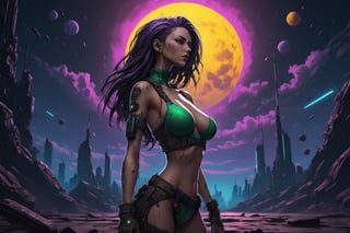 cyberpunk girl clevage downblouse in space objects color oposite gradient mud and dust levitate in empty, dark green sun in right corner with clouds, dark brown little purple and black wide background, masterclass, liquid highlights, cinematic look, dark yellow side light quality resolution fill texture, tatoo holes in different size and distance,scenery,