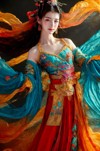 This is a digital photography. A girl, photographed from head to toe, wears an ornate, flowing costume from ancient Chinese Dunhuang murals in bright colors including turquoise, gold and red, embellished with floral patterns and delicate details. The long flowing black hair is decorated with ornate hair accessories, against a background of softly blurred glowing spheres and abstract elements, suggesting a mysterious or dreamy environment. The dynamic light and flow of clothing convey a sense of movement, adding to the ethereal quality of the artwork. The overall ambience is both serene and vivid, and the rich combination of textures and colors is intoxicating. Floating in the air, posing gracefully like a Chinese classical folk dance~~~~The body rotates sideways, causing the sleeves and hair to fly,AIDA_LoRA_AnC,(Han Hyo Joo:0.8), (Anne Hathaway:0.8),dunhuang_cloths
