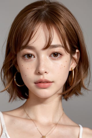 1girl, solo, looking at viewer, short hair, simple background, brown hair, jewelry, collarbone, earrings, parted lips, artist name, grey background, necklace, orange hair, mole, lips, portrait, freckles, realistic, nose, mole on cheek,(Han Hyo Joo:0.8), (Anne Hathaway:0.8),AIDA_LoRA_AnC