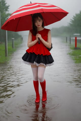 Create an image of a mysterious character in a ruffled red dress with white and black striped stockings standing under an oversized red umbrella amidst heavy rainfall. The setting is somber with various shades of grey, punctuated by multiple smaller red umbrellas scattered around. Raindrops create ripples on puddles on the ground, adding to the atmospheric depth of the scene.(Han Hyo Joo:0.8), (Anne Hathaway:0.8),