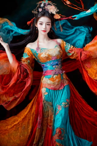 This is a digital photography. A girl, photographed from head to toe, wears an ornate, flowing costume from ancient Chinese Dunhuang murals in bright colors including turquoise, gold and red, embellished with floral patterns and delicate details. The long flowing black hair is decorated with ornate hair accessories, against a background of softly blurred glowing spheres and abstract elements, suggesting a mysterious or dreamy environment. The dynamic light and flow of clothing convey a sense of movement, adding to the ethereal quality of the artwork. The overall ambience is both serene and vivid, and the rich combination of textures and colors is intoxicating. Floating in the air, posing gracefully like a Chinese classical folk dance~~~~The body rotates sideways, causing the sleeves and hair to fly,3-point perspective composition.AIDA_LoRA_AnC,(Han Hyo Joo:0.8), (Anne Hathaway:0.8),dunhuang_cloths