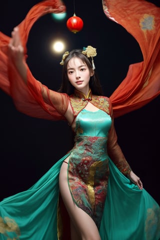 This is a digital photography. A girl, photographed from head to toe, wears an ornate, flowing costume from ancient Chinese Dunhuang murals in bright colors including turquoise, gold and red, embellished with floral patterns and delicate details. The long flowing black hair is decorated with ornate hair accessories, against a background of softly blurred glowing spheres and abstract elements, suggesting a mysterious or dreamy environment. The dynamic light and flow of clothing convey a sense of movement, adding to the ethereal quality of the artwork. The overall ambience is both serene and vivid, and the rich combination of textures and colors is intoxicating. Floating in the air, posing gracefully like a Chinese classical folk dance~~~~The body rotates sideways, causing the sleeves and hair to fly,AIDA_LoRA_AnC,(Han Hyo Joo:0.8), (Anne Hathaway:0.8),