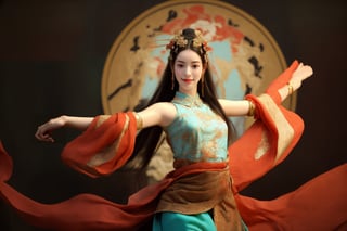 This is a digital photography. A girl, photographed from head to toe, wears an ornate, flowing costume from ancient Chinese Dunhuang murals in bright colors including turquoise, gold and red, embellished with floral patterns and delicate details. The long flowing black hair is decorated with ornate hair accessories, against a background of softly blurred glowing spheres and abstract elements, suggesting a mysterious or dreamy environment. The dynamic light and flow of clothing convey a sense of movement, adding to the ethereal quality of the artwork. The overall ambience is both serene and vivid, and the rich combination of textures and colors is intoxicating. Floating in the air, posing gracefully like a Chinese classical folk dance~~~~The body rotates sideways, causing the sleeves and hair to fly,AIDA_LoRA_AnC,(Han Hyo Joo:0.8), (Anne Hathaway:0.8),DUNHUANG_CLOTHS,dunhuang_cloths,Dunhuang
