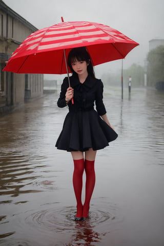 Create an image of a mysterious character in a ruffled red dress with white and black striped stockings standing under an oversized red umbrella amidst heavy rainfall. The setting is somber with various shades of grey, punctuated by multiple smaller red umbrellas scattered around. Raindrops create ripples on puddles on the ground, adding to the atmospheric depth of the scene.(Fukada Kyoko:0.8), (Anne Hathaway:0.8),