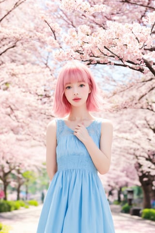 girl with pink hair, blue eyes, wearing a frilly dress, stands beneath cherry blossom trees, petals drifting around her, soft pastel background, sakura theme, ultra fine details, digital painting,(Han Hyo Joo:0.8), (Anne Hathaway:0.8),milokk