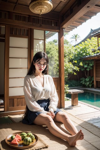 A young woman sits barefoot on the weathered wooden porch of a traditional Japanese house, surrounded by the serenity of nature. She wears a light blouse, blue skirt, and cardigan, her feet dangling off the edge as she basks in the gentle warmth of the afternoon sun. An oscillating fan whirs softly beside her, while a tray with fresh watermelon slices and a glass of crystal-clear water rests at her feet. The tranquil atmosphere is punctuated by the subtle movement of the sliding shoji doors, their rice paper panels filtering the sunlight and casting delicate shadows across her serene features.