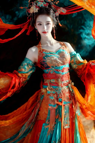 This is a digital photography. A girl, photographed from head to toe, wears an ornate, flowing costume from ancient Chinese Dunhuang murals in bright colors including turquoise, gold and red, embellished with floral patterns and delicate details. The long flowing black hair is decorated with ornate hair accessories, against a background of softly blurred glowing spheres and abstract elements, suggesting a mysterious or dreamy environment. The dynamic light and flow of clothing convey a sense of movement, adding to the ethereal quality of the artwork. The overall ambience is both serene and vivid, and the rich combination of textures and colors is intoxicating. Floating in the air, posing gracefully like a Chinese classical folk dance~~~~The body rotates sideways, causing the sleeves and hair to fly,3-point perspective composition.AIDA_LoRA_AnC,(Han Hyo Joo:0.8), (Anne Hathaway:0.8),dunhuang_cloths