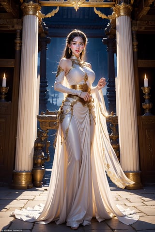 A heroic maiden stands poised in the grand entrance of an ancient temple, her slender frame clad in armor and finery, as she grasps a gleaming sword at her side. The wind whips through her flowing garments and cinched belt, while the warm glow of candlelight illuminates her determined visage.