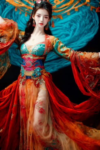 This is a digital photography. A girl, photographed from head to toe, wears an ornate, flowing costume from ancient Chinese Dunhuang murals in bright colors including turquoise, gold and red, embellished with floral patterns and delicate details. The long flowing black hair is decorated with ornate hair accessories, against a background of softly blurred glowing spheres and abstract elements, suggesting a mysterious or dreamy environment. The dynamic light and flow of clothing convey a sense of movement, adding to the ethereal quality of the artwork. The overall ambience is both serene and vivid, and the rich combination of textures and colors is intoxicating. Floating in the air, posing gracefully like a Chinese classical folk dance~~~~The body rotates sideways, causing the sleeves and hair to fly,3-point perspective composition.AIDA_LoRA_AnC,(Han Hyo Joo:0.8), (Anne Hathaway:0.8),dunhuang_cloths