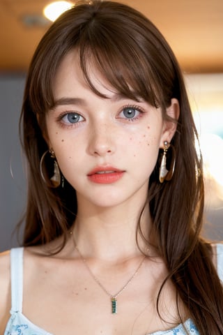 1girl, solo, looking at viewer, blue eyes, brown hair, jewelry, upper body, earrings, mole, hair over one eye, blurry, lips, blurry background, messy hair, freckles, realistic, red lips