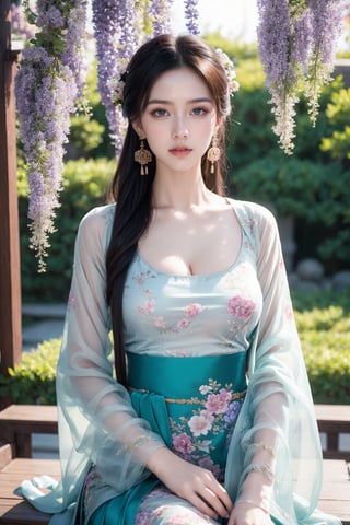 long sleeves, jewelry, dress, cleavage, jewelry, sitting, collarbone, flower, earrings, outdoors, water, lips, see-through, sash, petals, Chinese clothes, floral print, moon, upper body, full moon,Hanfu, realistic, wisteria, masterpiece, best quality, photorealistic, raw photo,long skirt,seethrough_china_dress,hanfu,ao dai