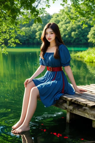 A serene moment: A young woman sits comfortably on a weathered wooden dock, her bare toes gently dipping into the glassy calm body of water. Framing the peaceful atmosphere, lush greenery surrounds her, dense and verdant with tree branches intertwining above, creating a natural canopy. The flowing blue dress adorned with a vibrant red belt adds a pop of color to this idyllic scene, as the woman's gentle pose invites contemplation amidst nature's serenity.