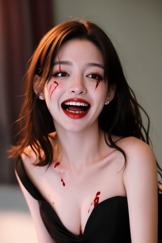 1girl, solo, long hair, open mouth, black hair, teeth, blurry, black eyes, lips, makeup, motion blur, vampire, fangs, blood_on_face,(Han Hyo Joo:0.8), (Anne Hathaway:0.8),