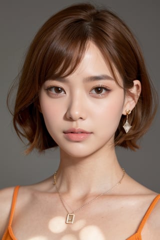 1girl, solo, looking at viewer, short hair, simple background, brown hair, jewelry, collarbone, earrings, parted lips, artist name, grey background, necklace, orange hair, mole, lips, portrait, freckles, realistic, nose, mole on cheek,(Han Hyo Joo:0.8), (Anne Hathaway:0.8),AIDA_LoRA_AnC